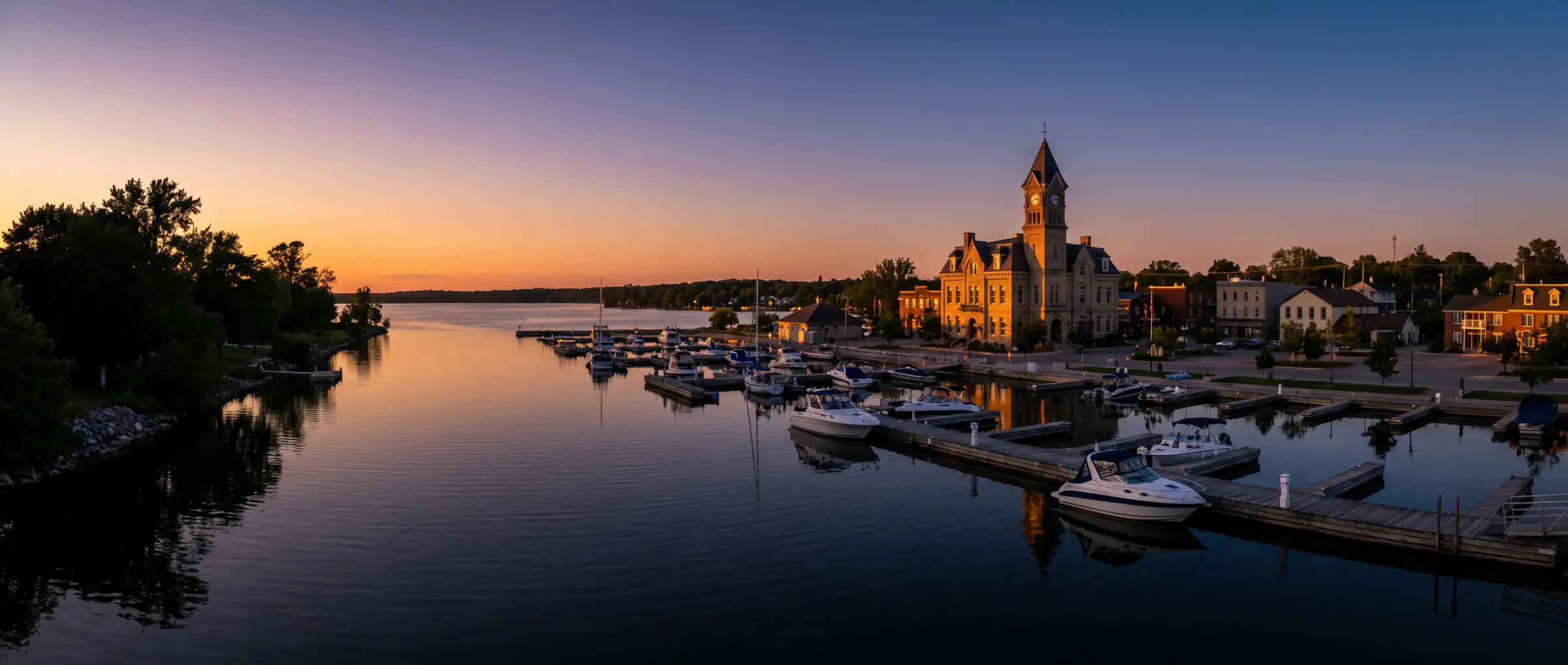 Christian-Owned Businesses in Port Perry, ON: the Lake Scugog waterfront at sunset