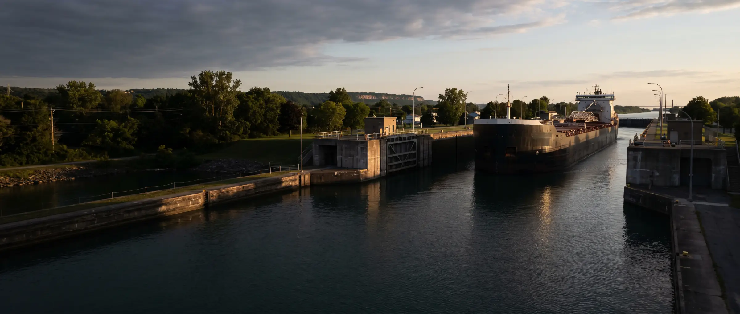 Christian-Owned Businesses in St Catharines, ON: a Welland Canal lock with a laker passing through