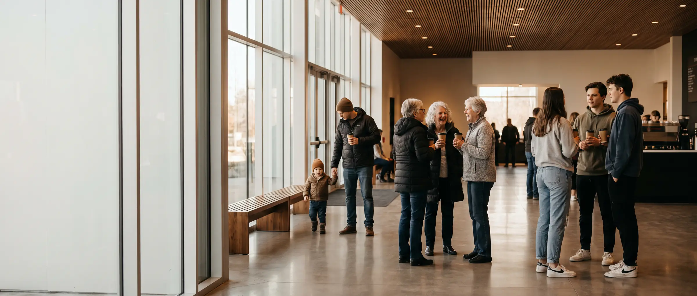 People talking over coffee in a modern church lobby after a Sunday service