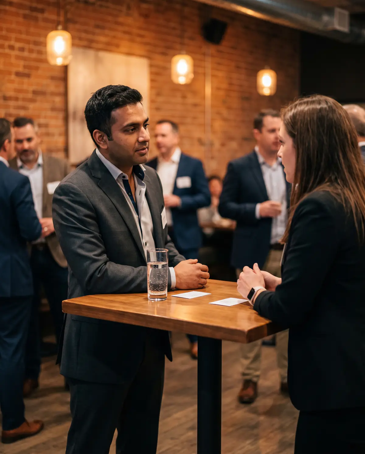 Business owner listening to an entrepreneur at an evening networking event