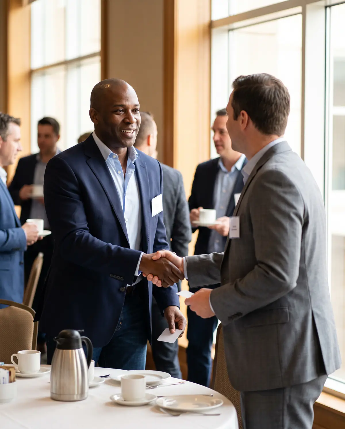 Business owner shaking hands at a morning networking breakfast