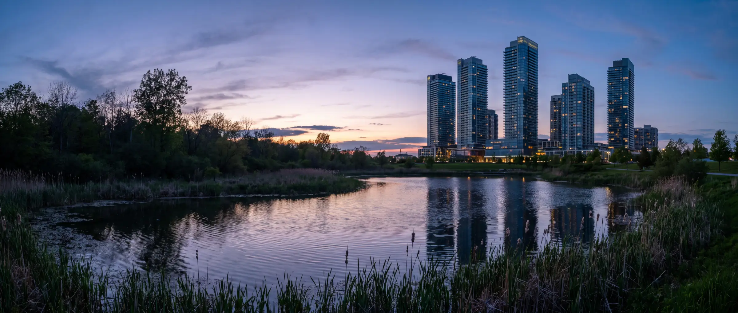 Christian-Owned Businesses in Concord, ON: Edgeley Pond and the towers of the Vaughan Metropolitan Centre