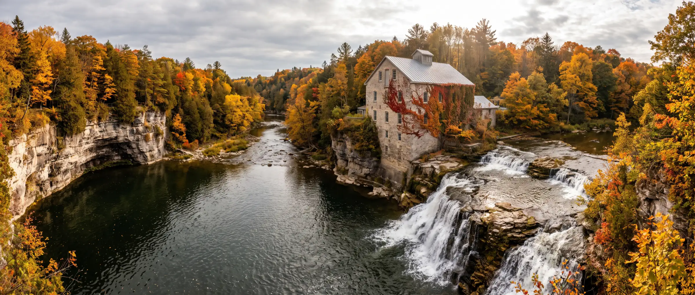 Christian-Owned Businesses in Elora, ON: the Elora Gorge and the old mill above the falls