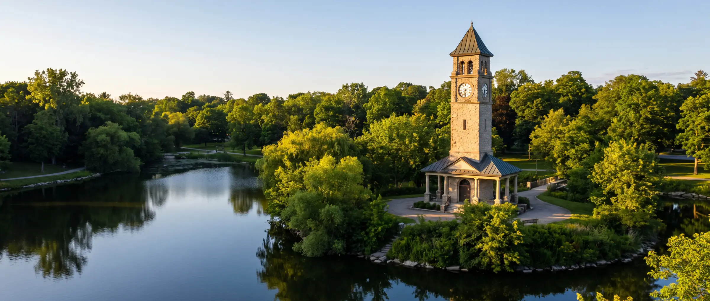 Christian-Owned Businesses in Kitchener, ON: Victoria Park lake and the city hall clock tower