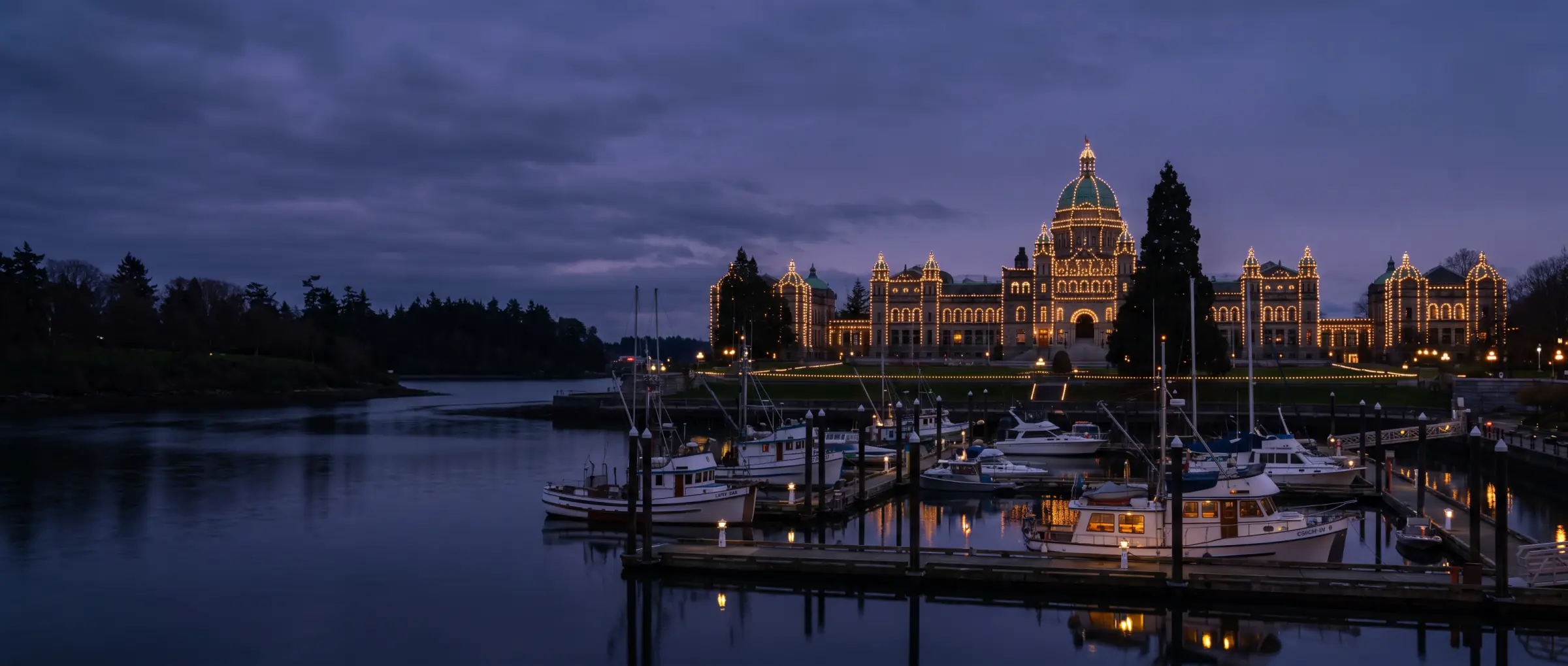 Christian-Owned Businesses in Victoria, BC: the Parliament Buildings on the Inner Harbour at dusk