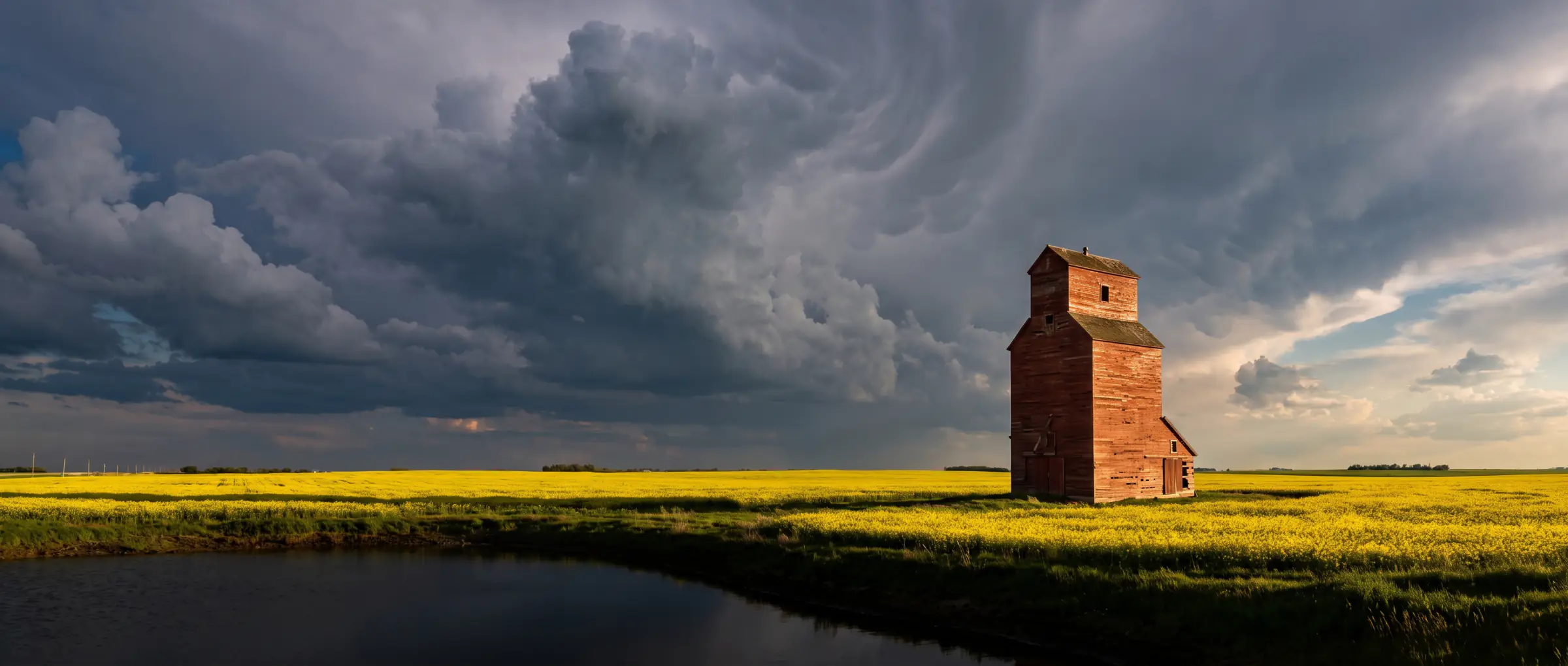 A prairie grain elevator among canola fields under a stormy sky, Saskatchewan